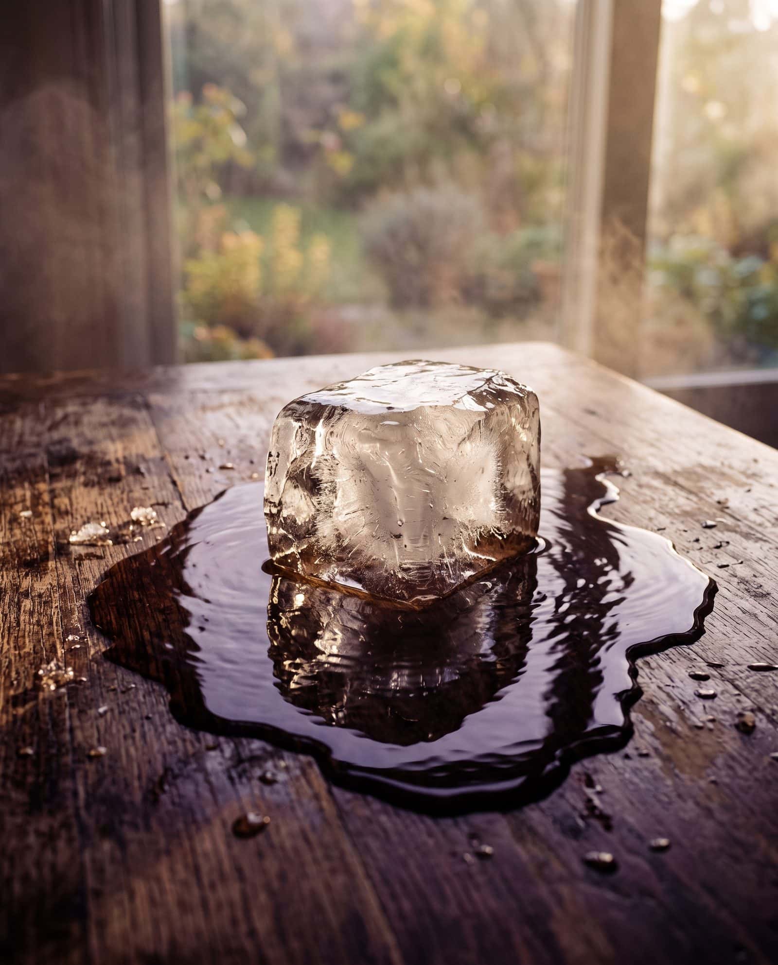 An ice cube melting into a pool of water on a wooden table in morning light.