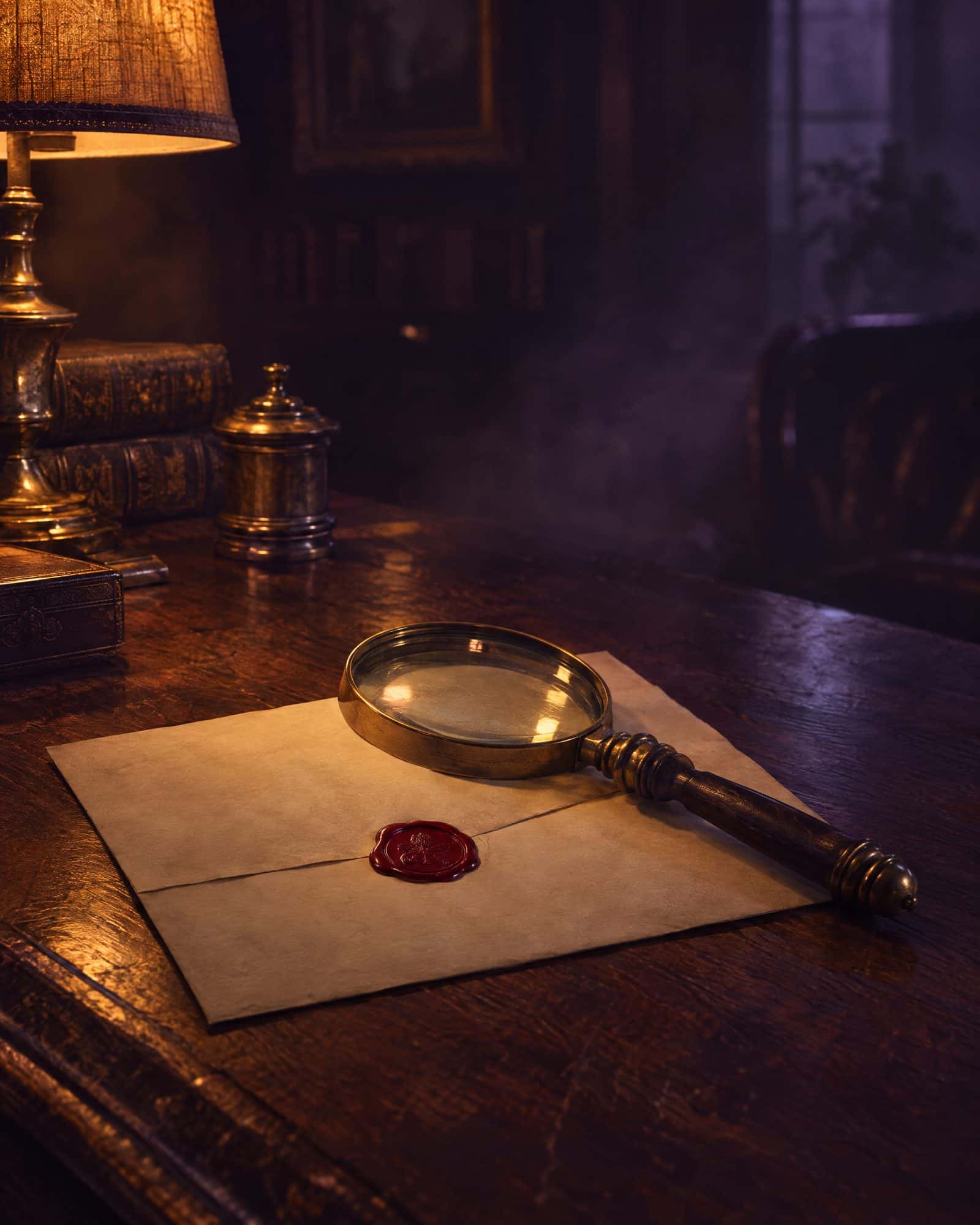 A magnifying glass resting on a sealed, blank document on a wooden desk