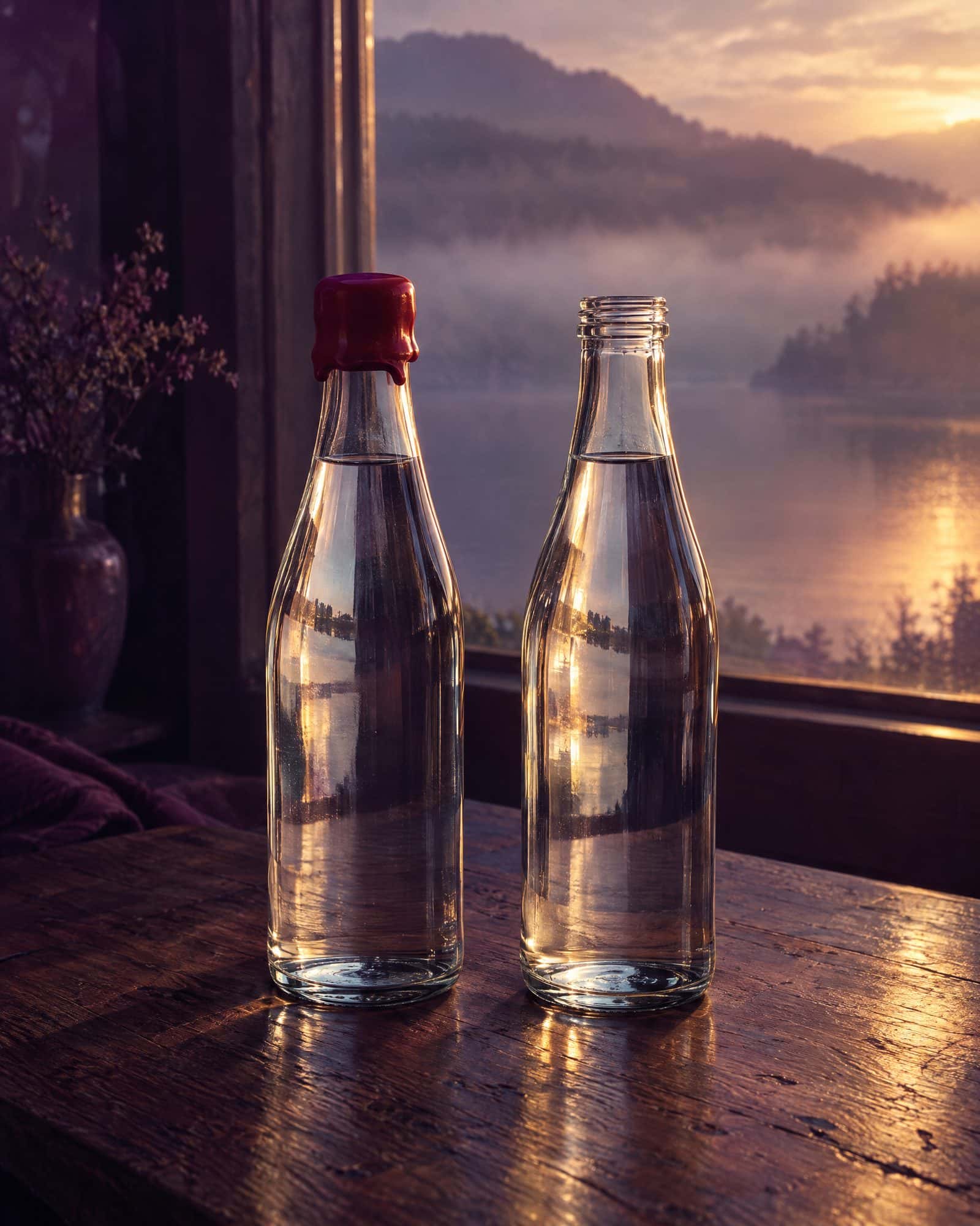Two glass bottles of water, one sealed with red wax, the other open