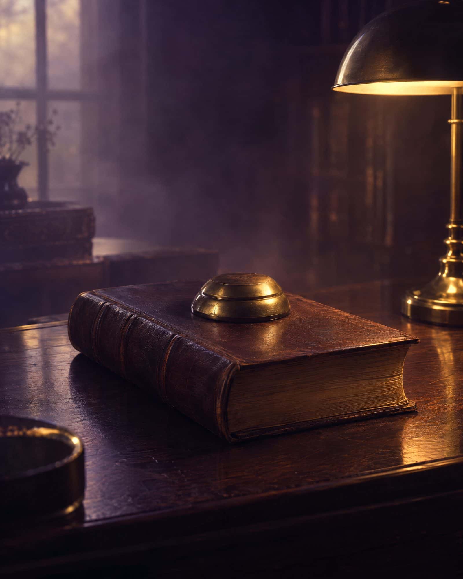 এটা lamp-ৰ তলত থকা এখন desk-ত এটা পিতলৰ টিলিঙাৰ সৈতে এখন leather-bound register।