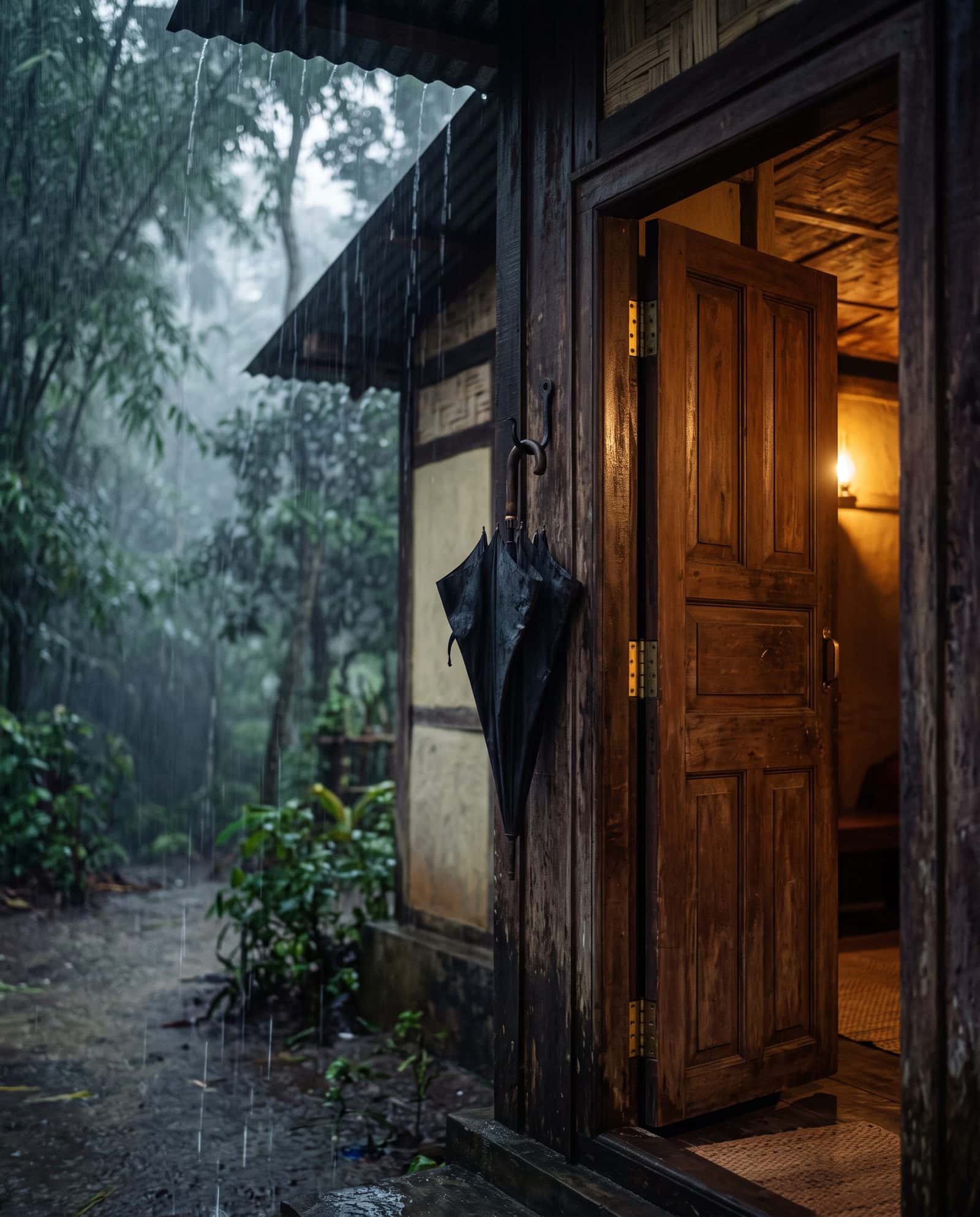 An umbrella hanging by the door of an Assam-type house in monsoon rain