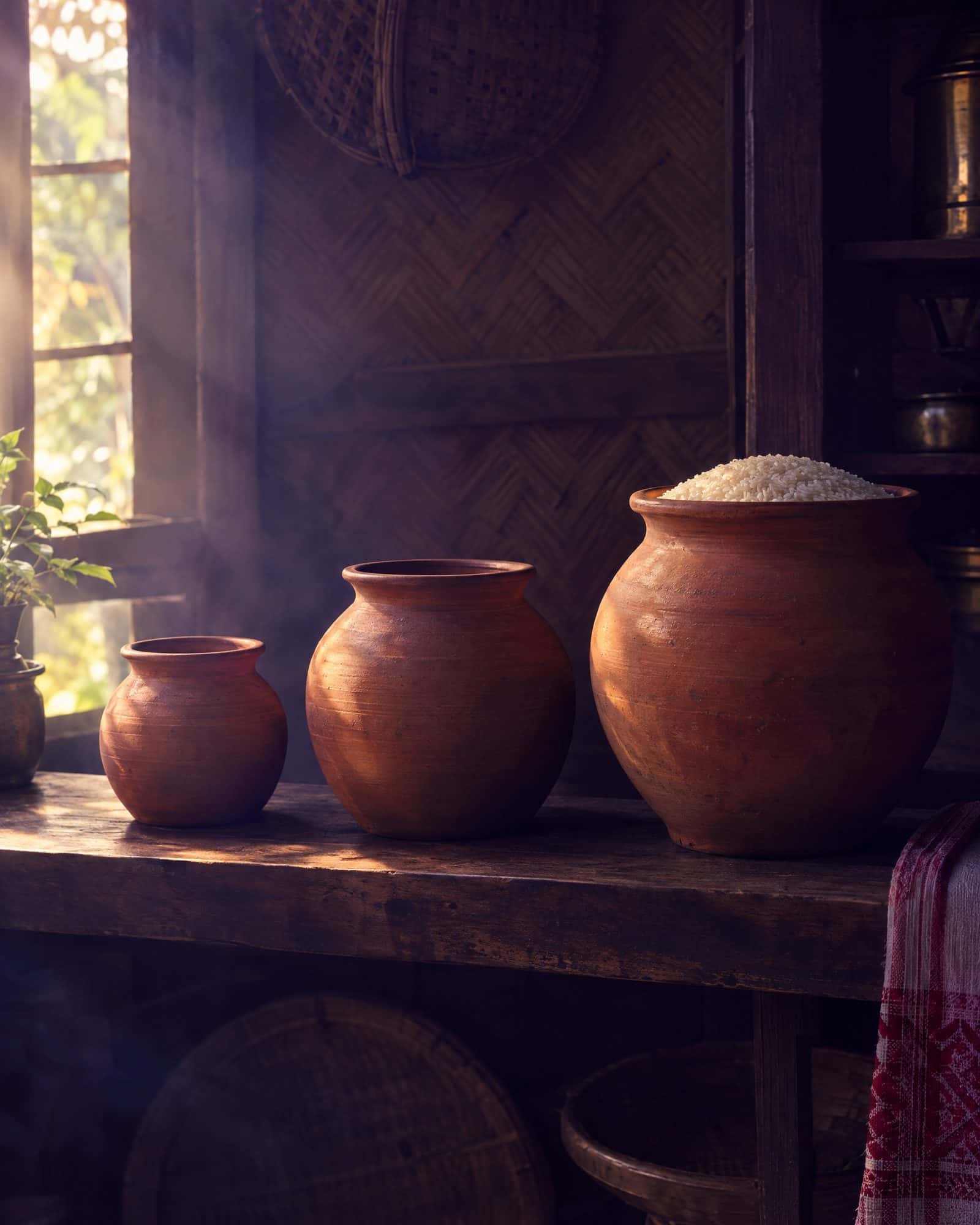 Three clay rice pots of different sizes on a kitchen shelf, the largest full of rice