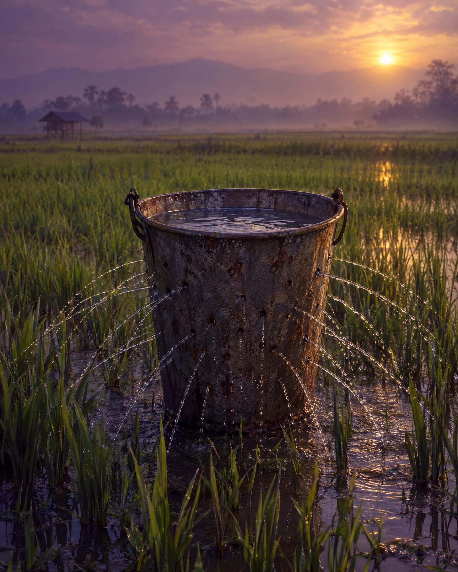 An old metal bucket standing in a paddy field, water spraying from holes in its sides.
