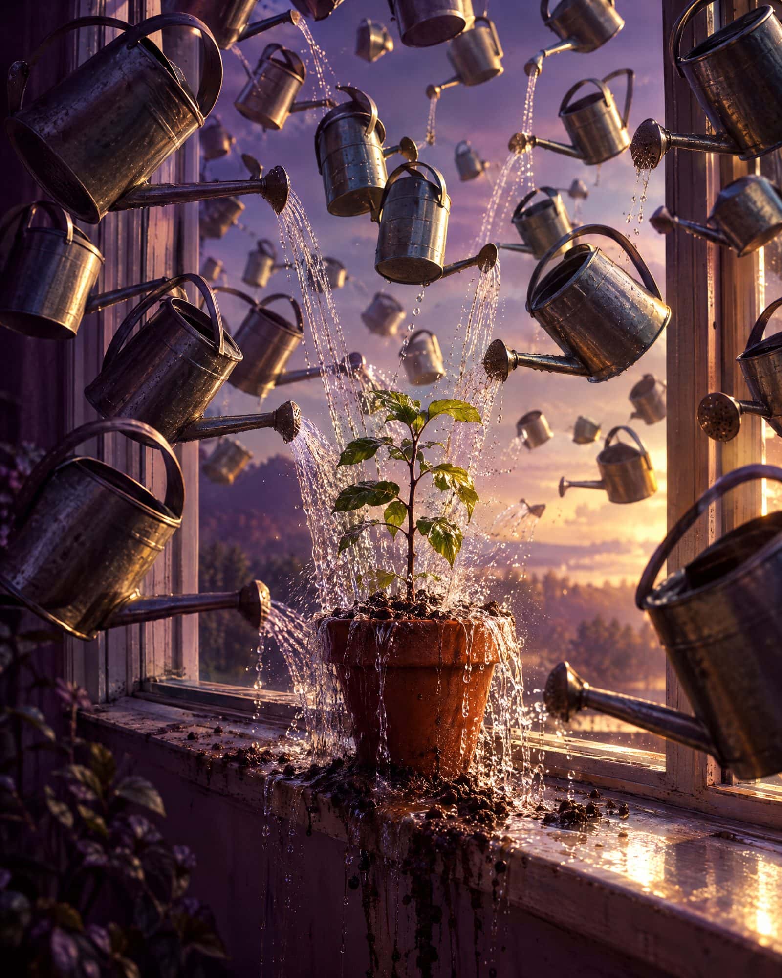 A potted sapling on a windowsill, drenched by dozens of watering cans pouring at once.