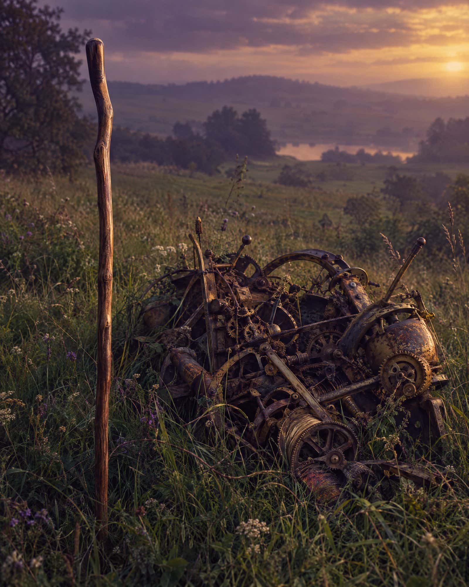 A plain walking stick standing upright beside a heap of rusted, tangled machinery in a meadow.