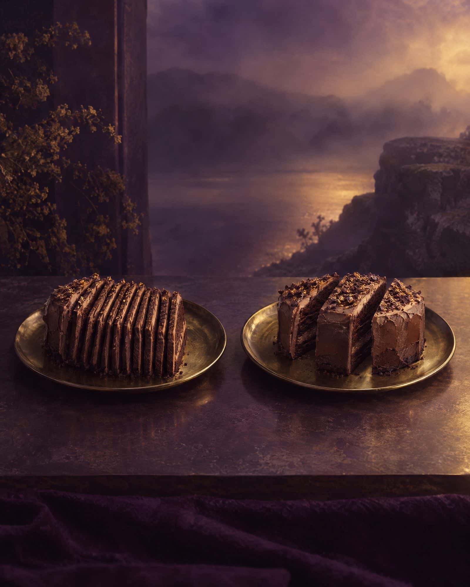 Two plates side by side, one with many thin slices, the other with a few thick slices of the same cake.