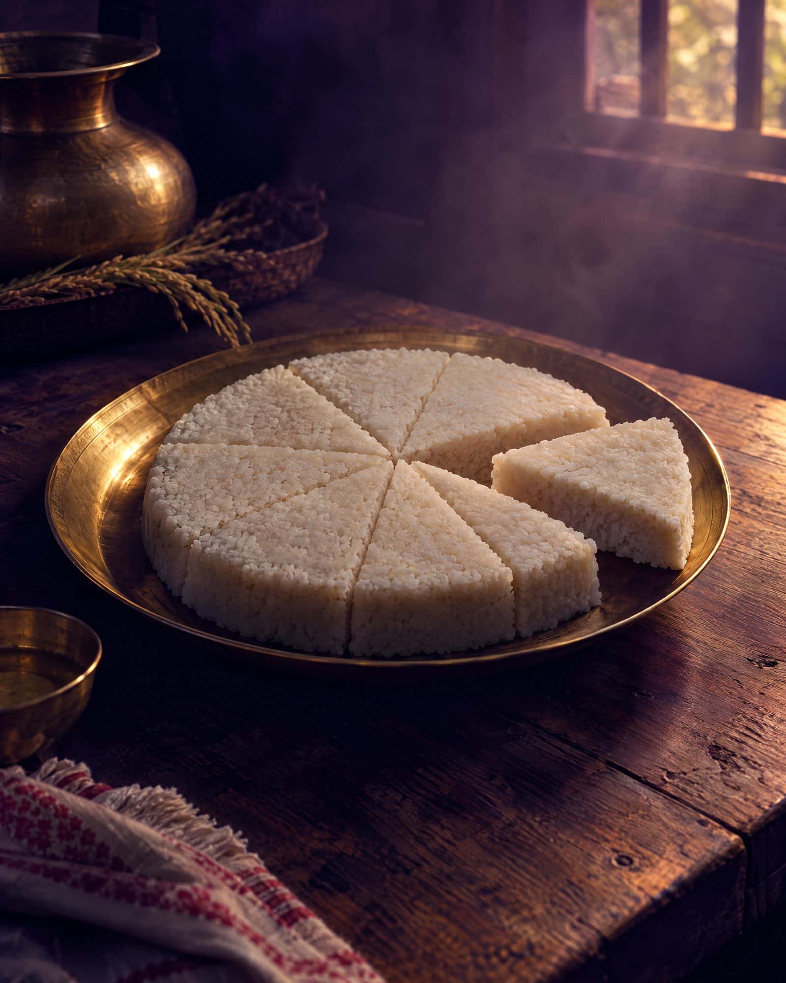 A round cake on a brass plate, cut into equal slices, one slice set apart.